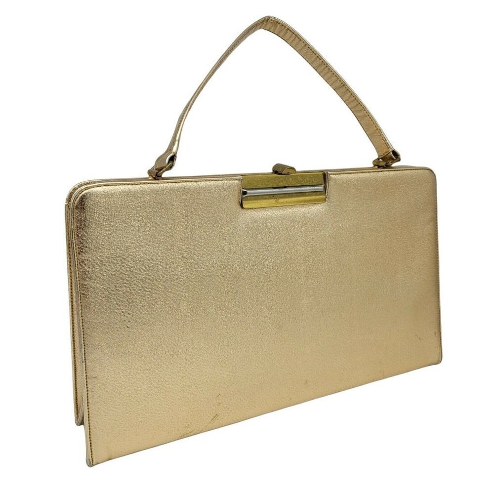Vintage Metallic Gold Handbag Clutch Evening Bag Stiff Body Snap Closure Satin